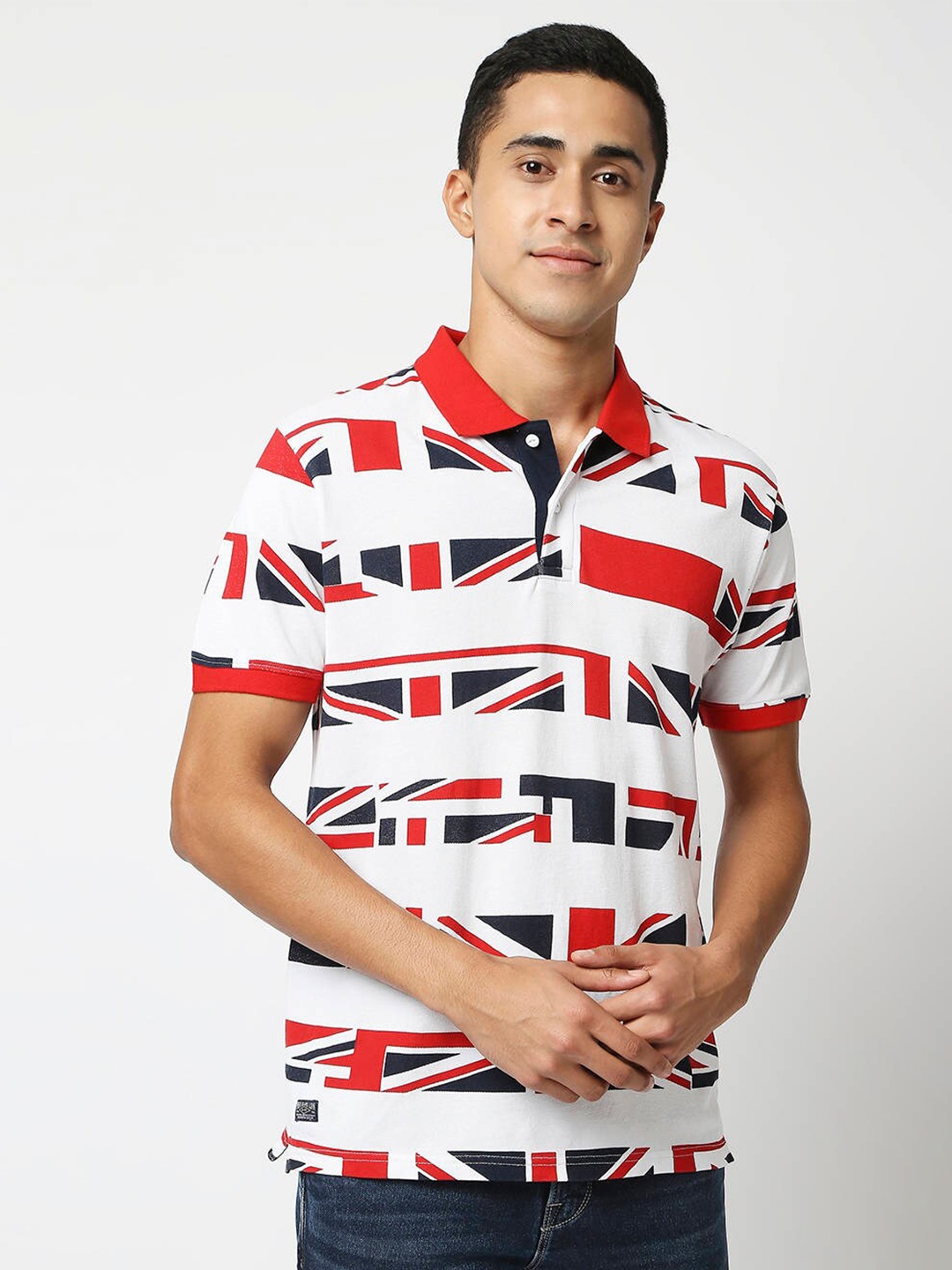 

Pepe Jeans Men White & Red Printed Polo Collar T-shirt