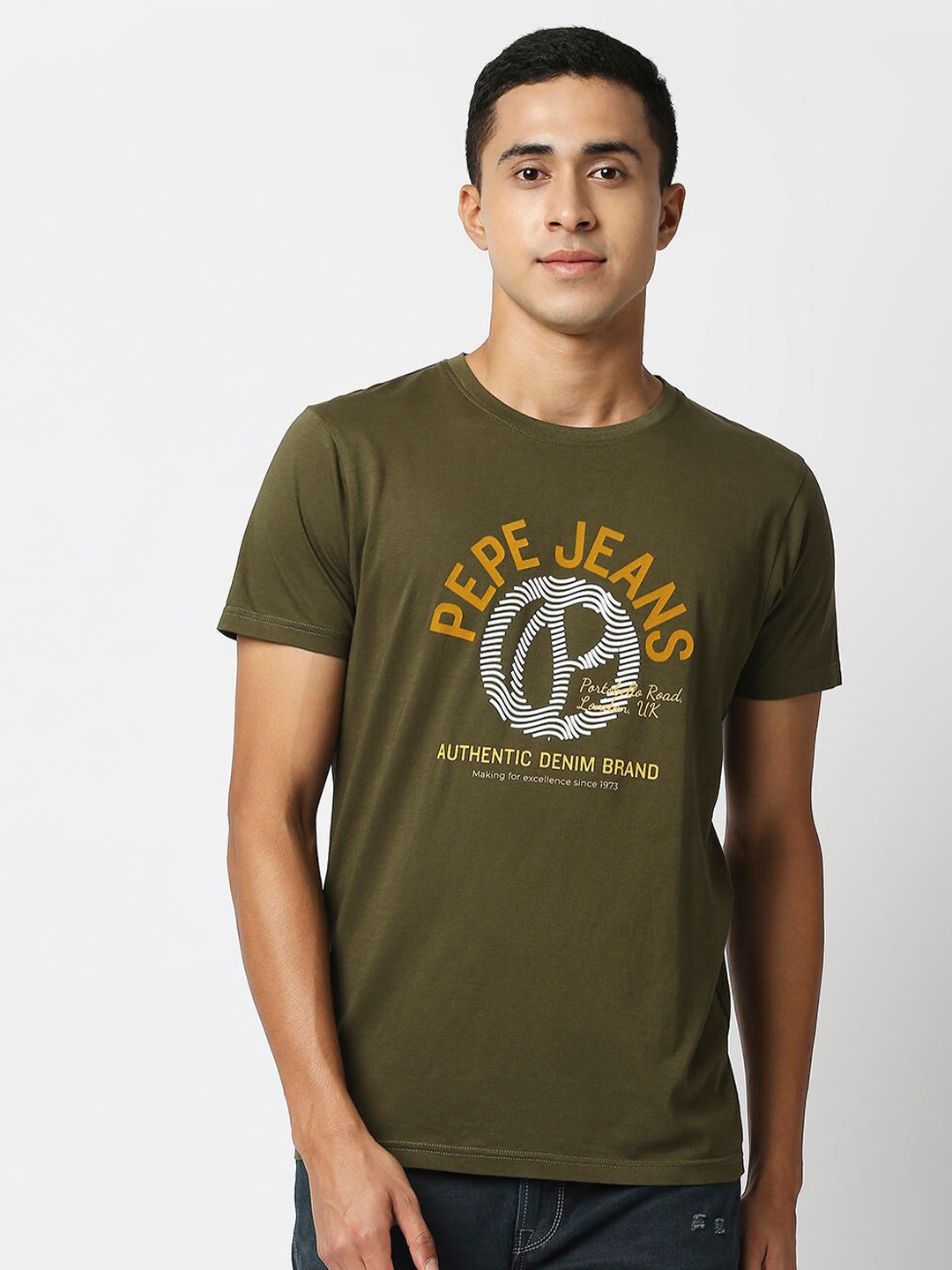 

Pepe Jeans Men Olive Green Typography Printed Slim Fit T-shirt