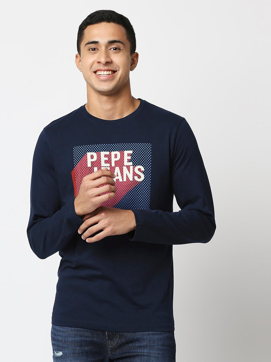 

Pepe Jeans Men Navy Blue & Red Typography Printed Slim Fit T-shirt