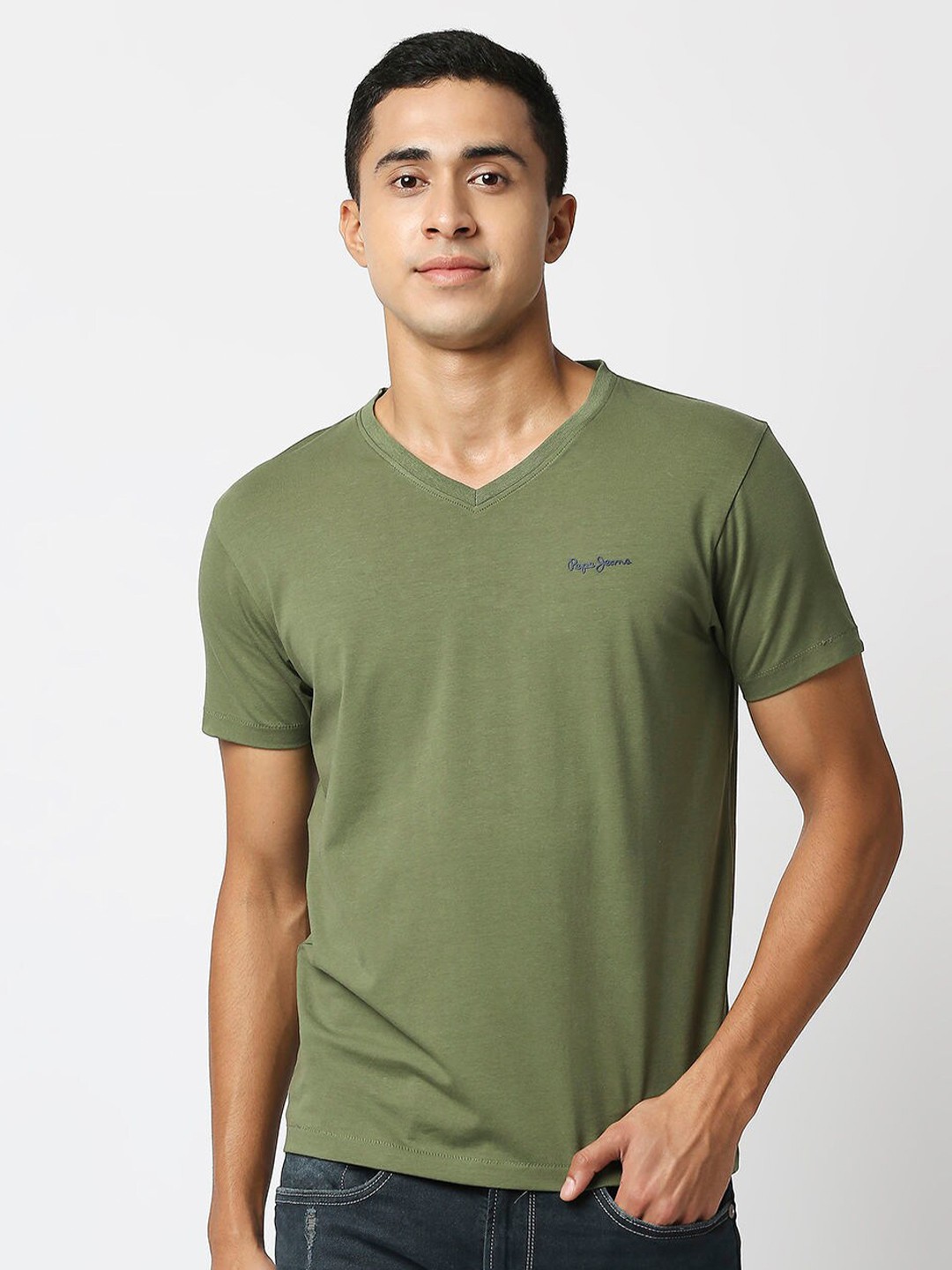 

Pepe Jeans Men Olive Green V-Neck Slim Fit T-shirt