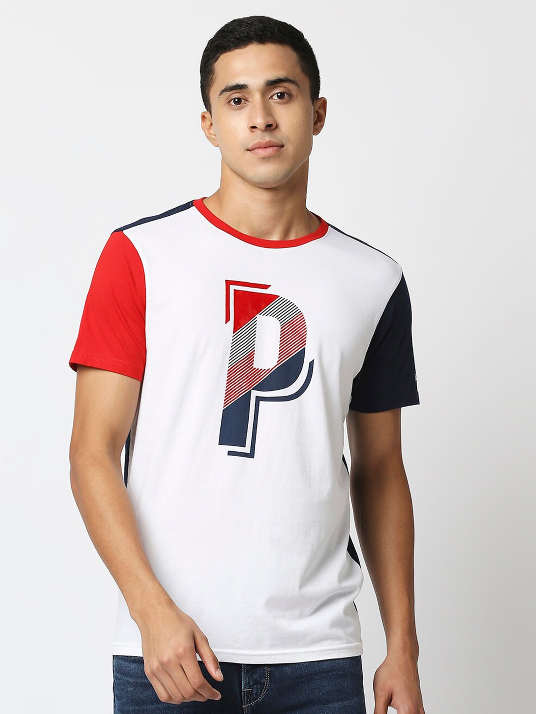 

Pepe Jeans Men White Typography Color Blocked Slim Fit T-shirt