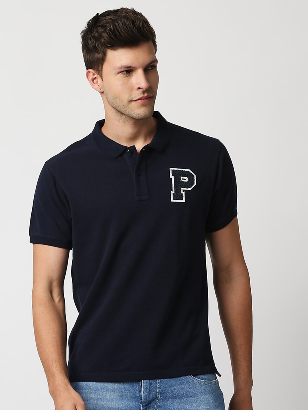 

Pepe Jeans Men Navy Blue Typography Polo Collar T-shirt