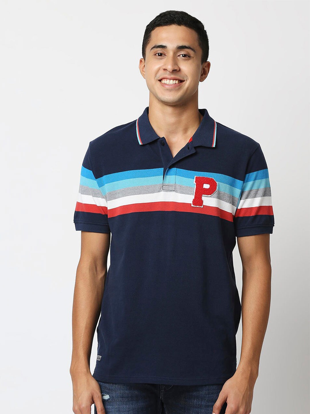 

Pepe Jeans Men Navy Blue Striped Polo Collar T-shirt