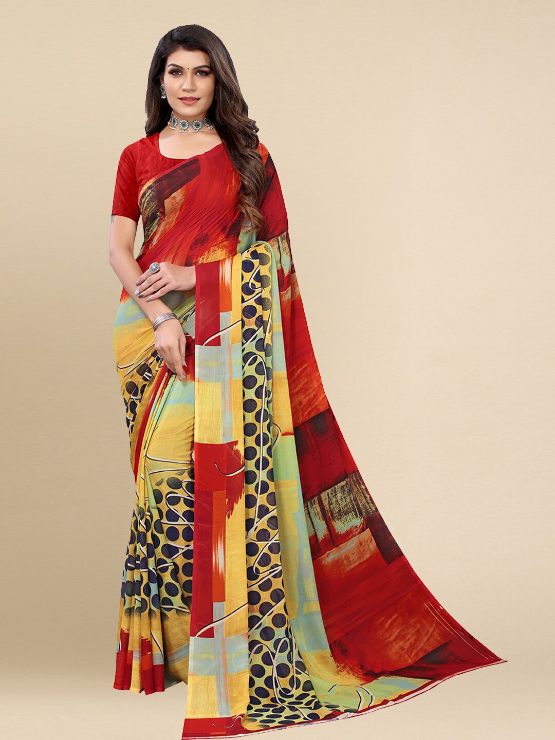 

Poshyaa Women Red & Yellow Geometric Printed Saree with Unstitched Blouse Piece