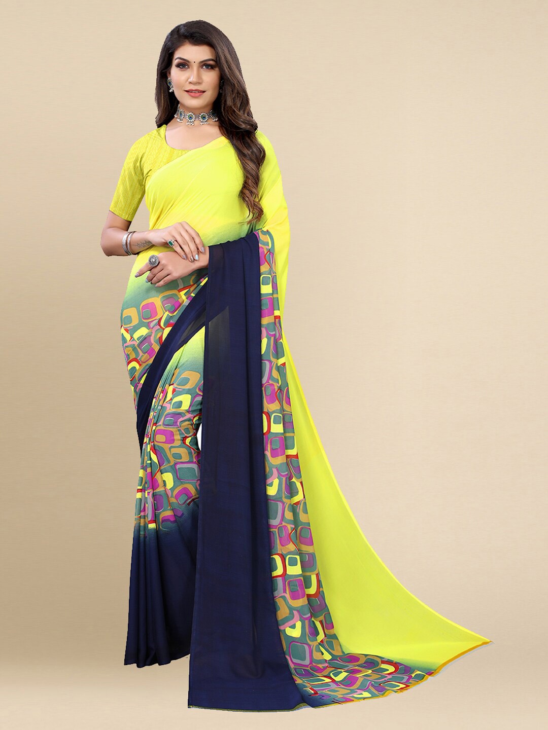 

Poshyaa Women Navy Blue & Yellow Geometric Printed Saree