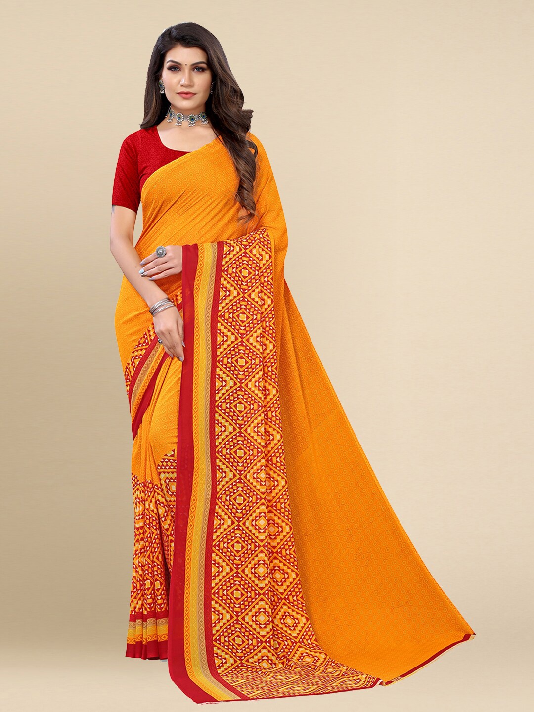 

Poshyaa Women Orange & Red Geometric Printed Saree