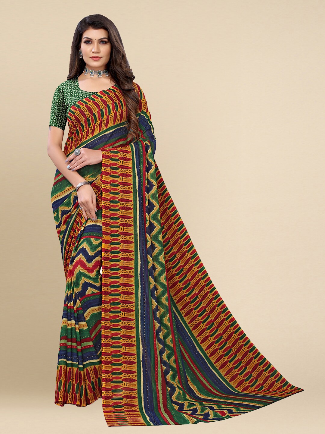 

Poshyaa Green and Red Geometric Printed Saree