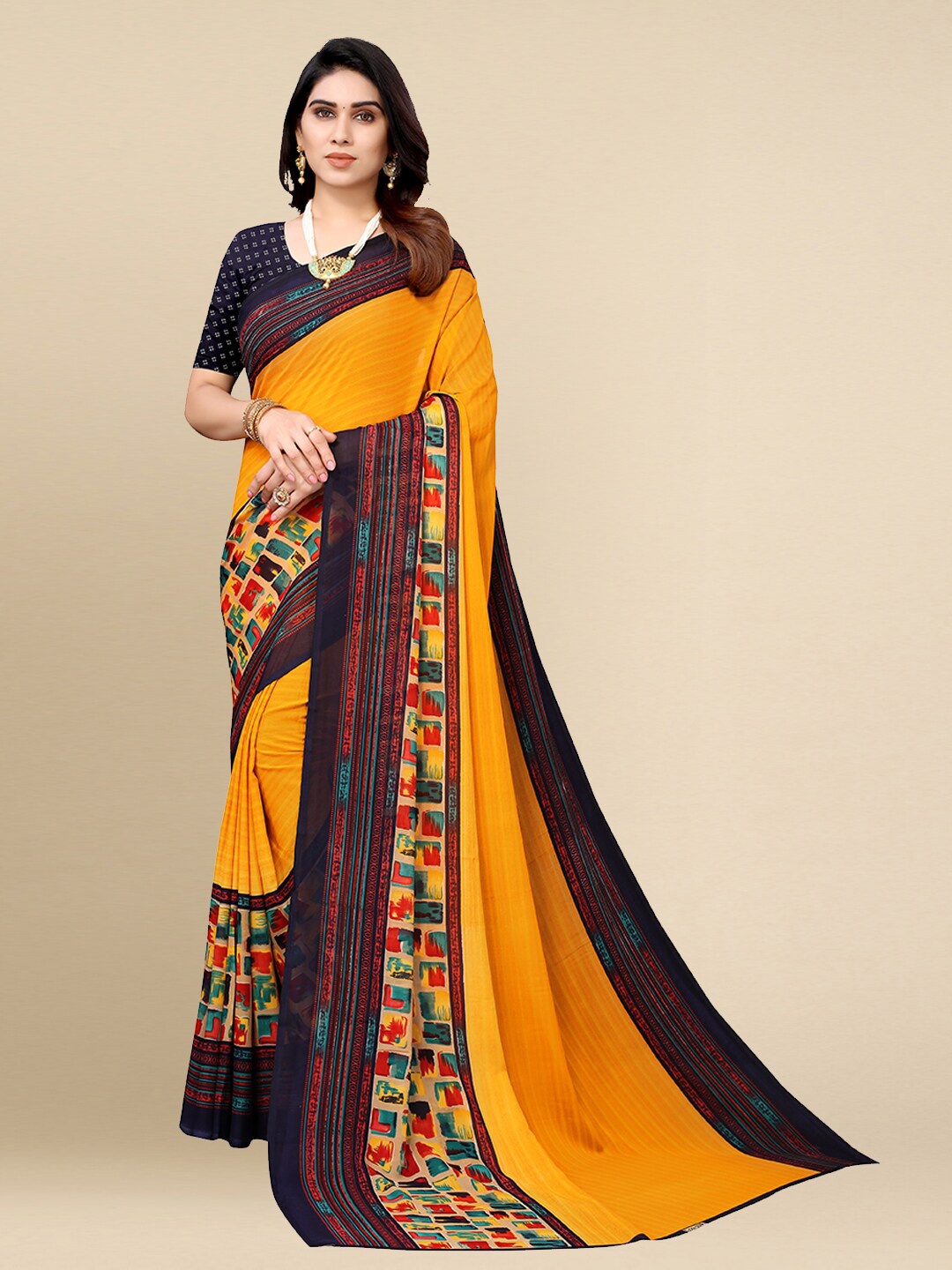 

Poshyaa Women Yellow & Brown Geometric Printed Saree