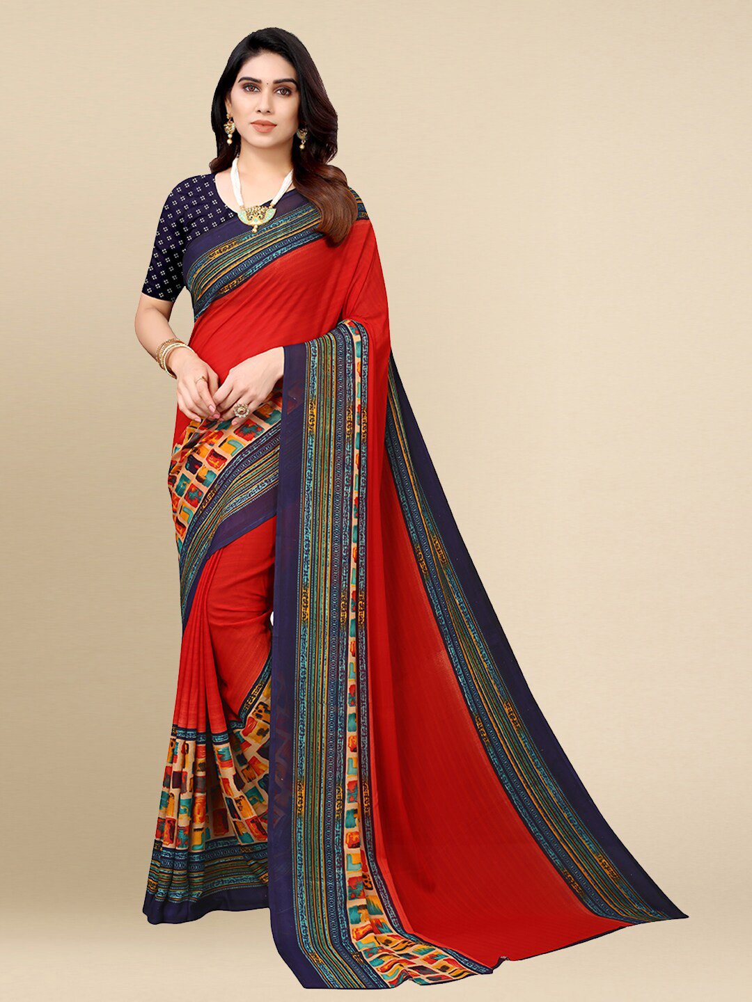 

Poshyaa Women Red & Navy Blue Geometric Printed Saree