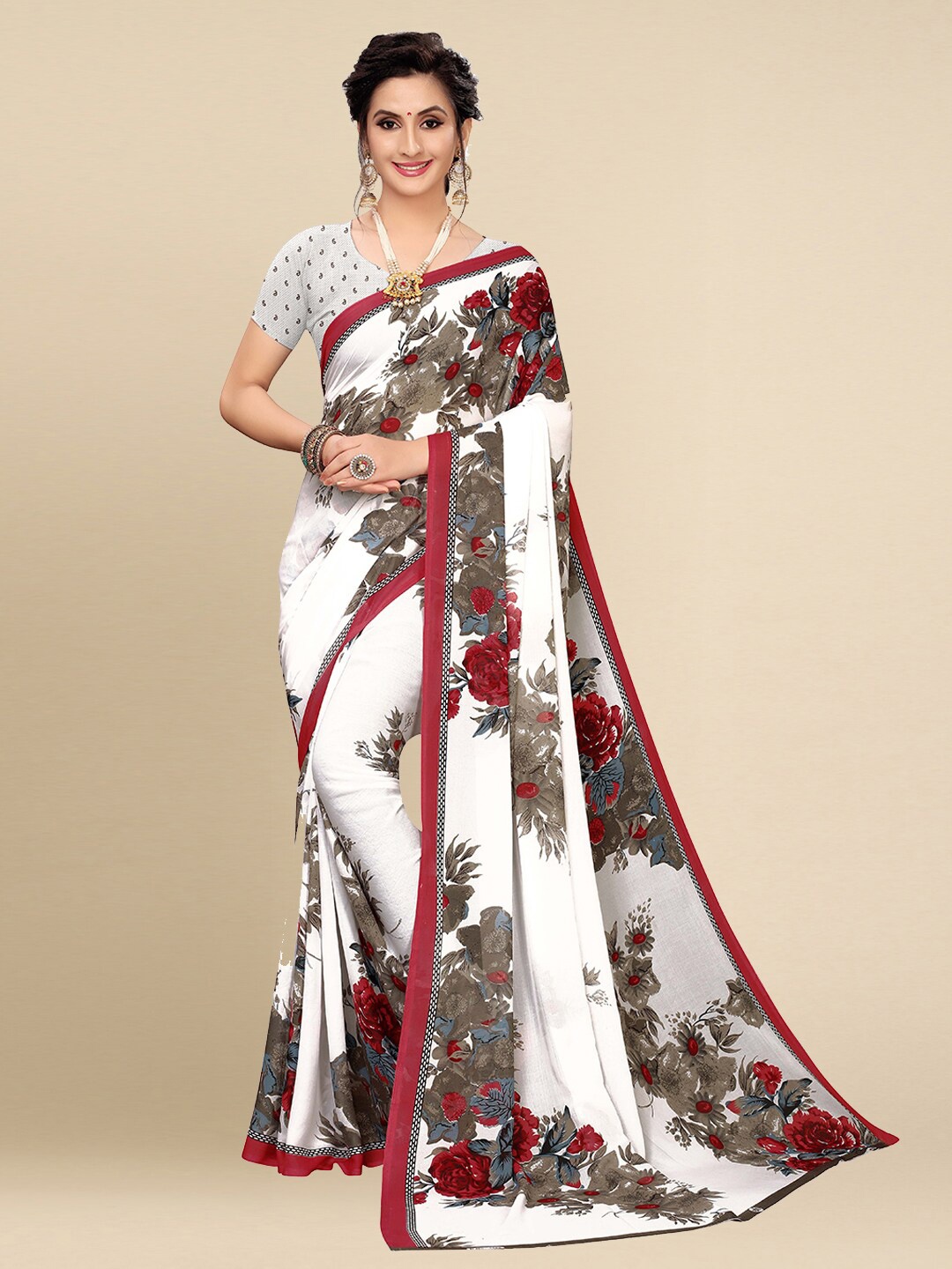 

Poshyaa Women White & Maroon Floral Printed Saree