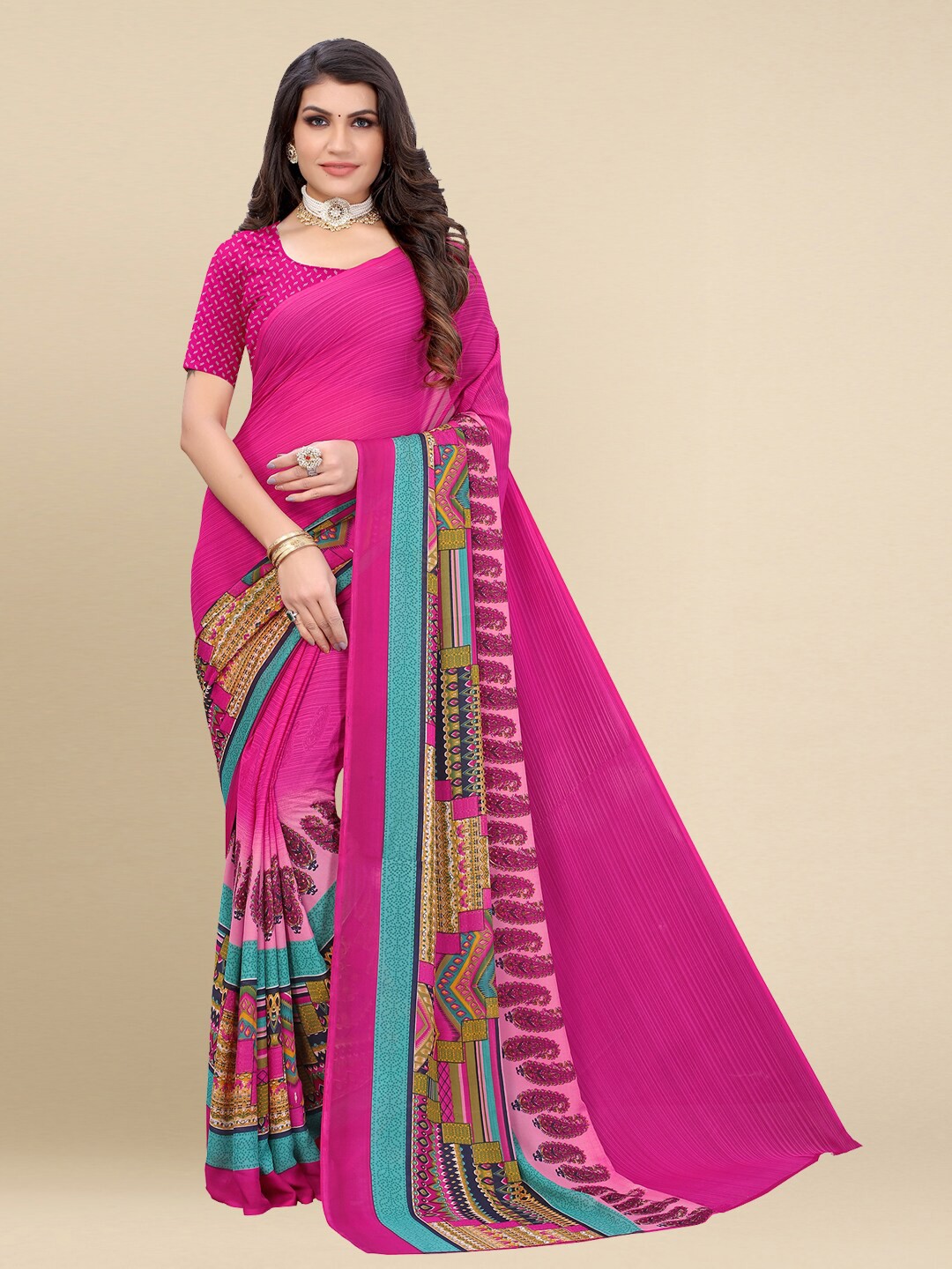 

Poshyaa Women Pink & Blue Paisley Printed Saree