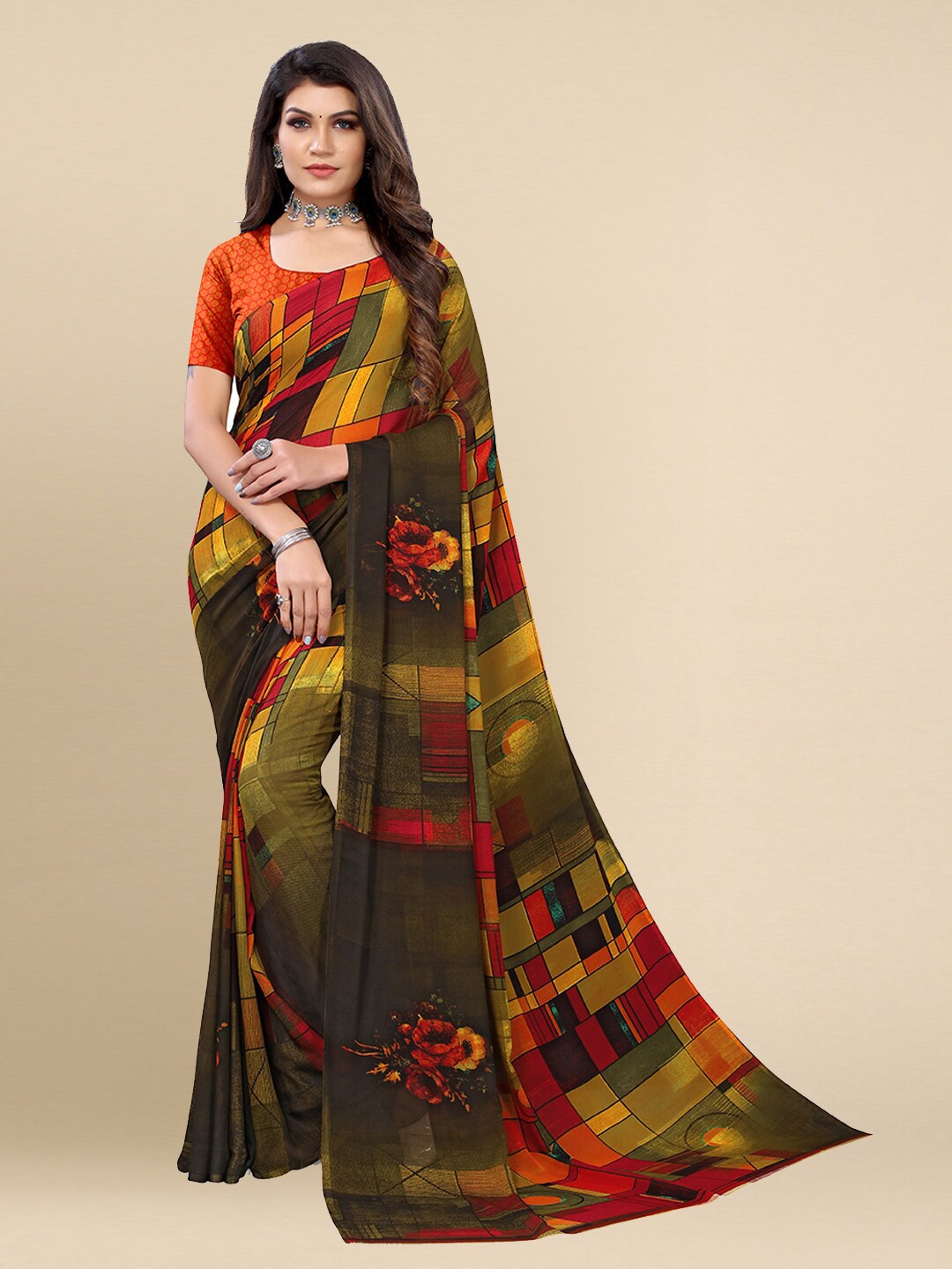 

Poshyaa Women Multicolored Geometric Printed Saree, Multi