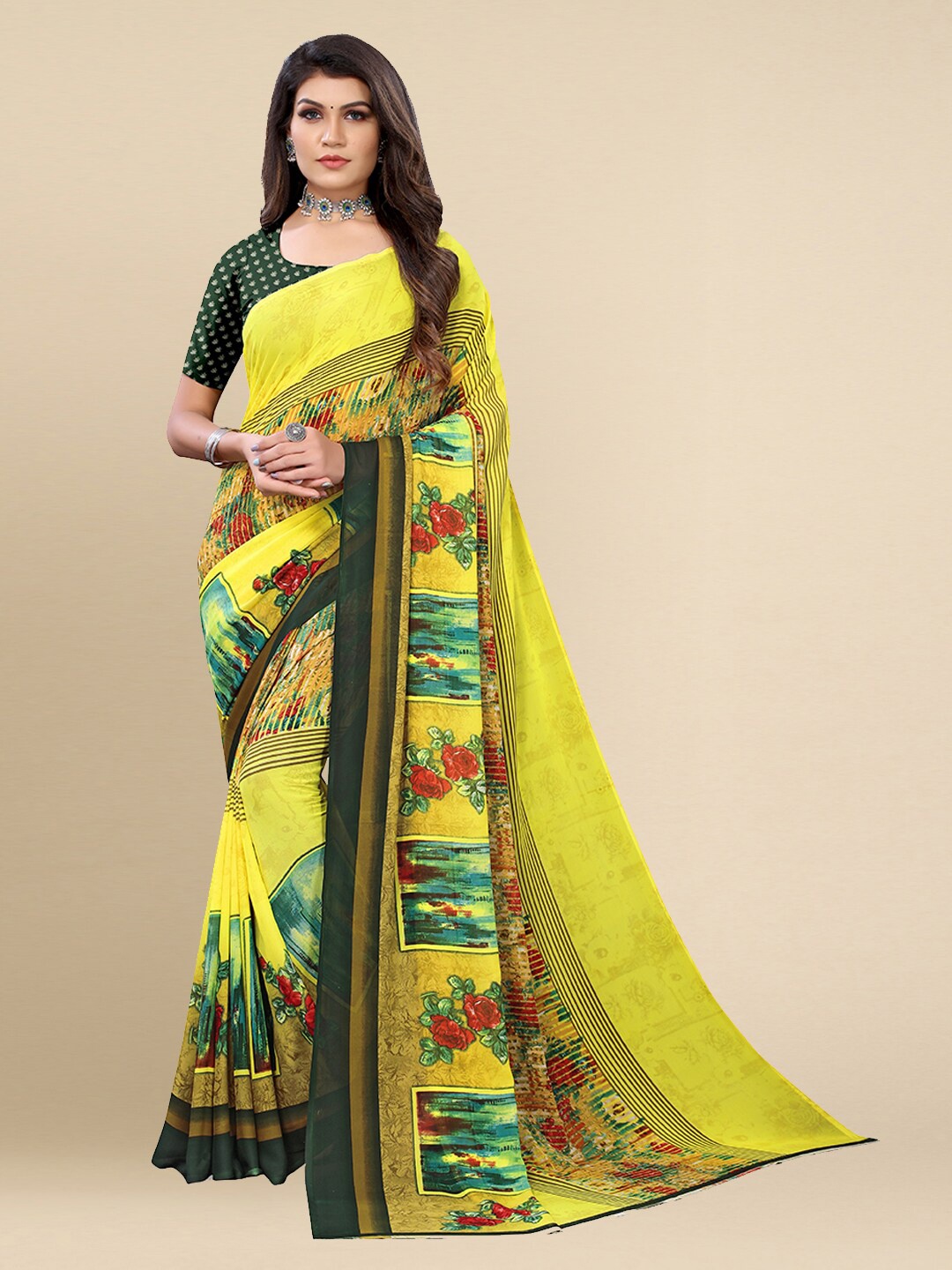 

Poshyaa Women Lemon Yellow & Green Floral Printed Saree