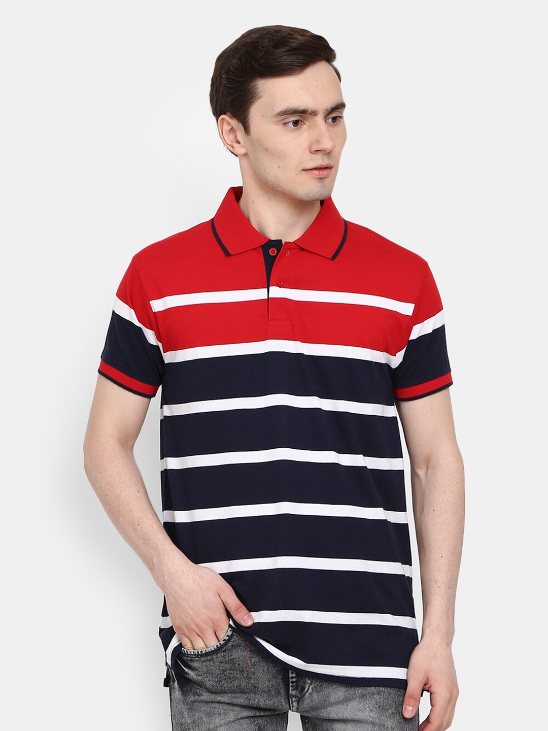 

V-Mart Men Red & Navy Blue Striped Polo Collar Cotton T-shirt