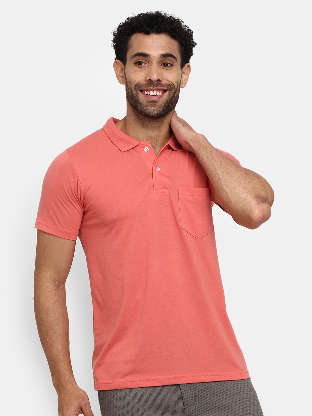 

V-Mart Men Peach-Coloured Polo Collar Slim Fit T-shirt