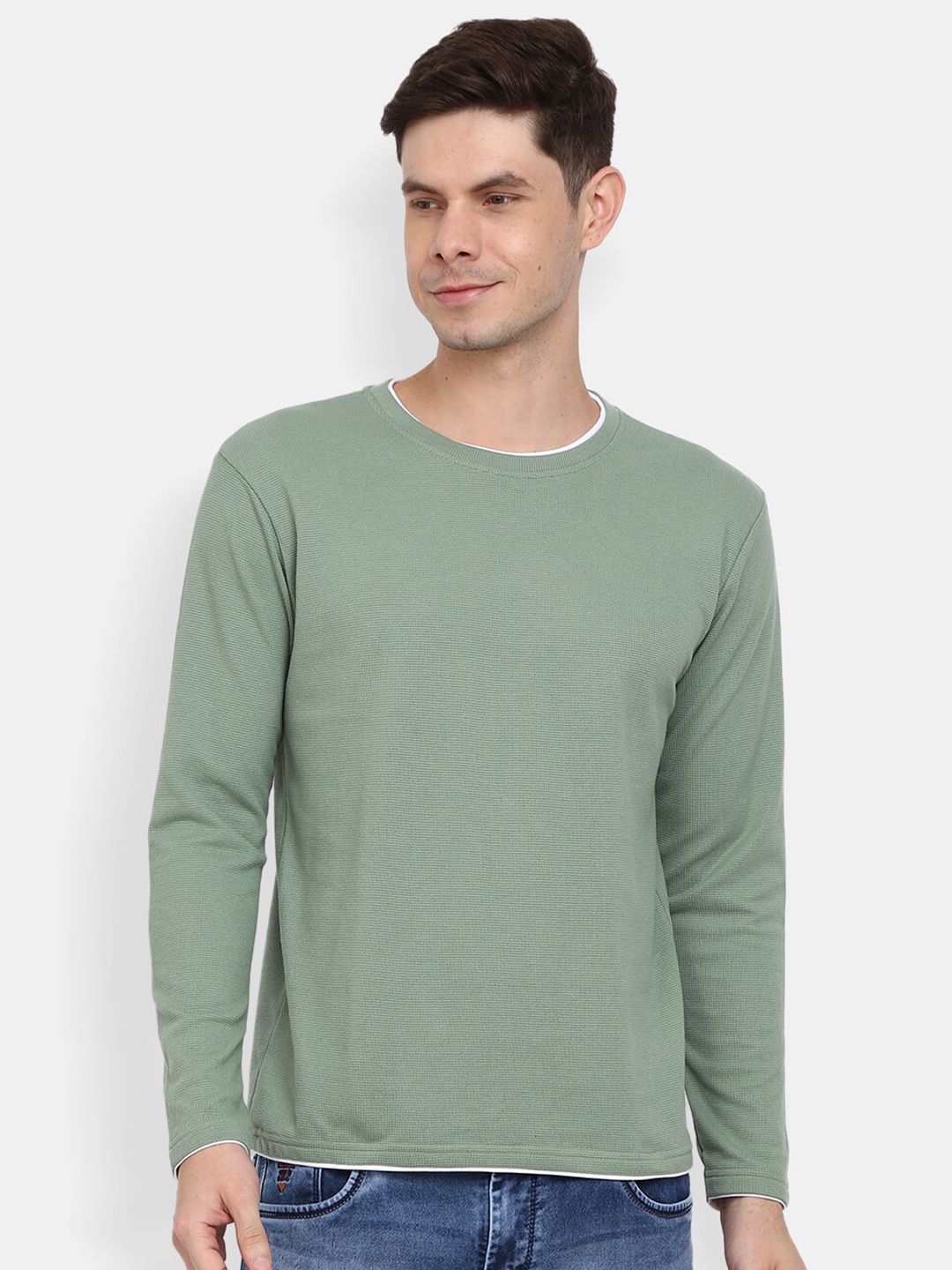 

V-Mart Men Green Round Neck Raw Edge T-shirt