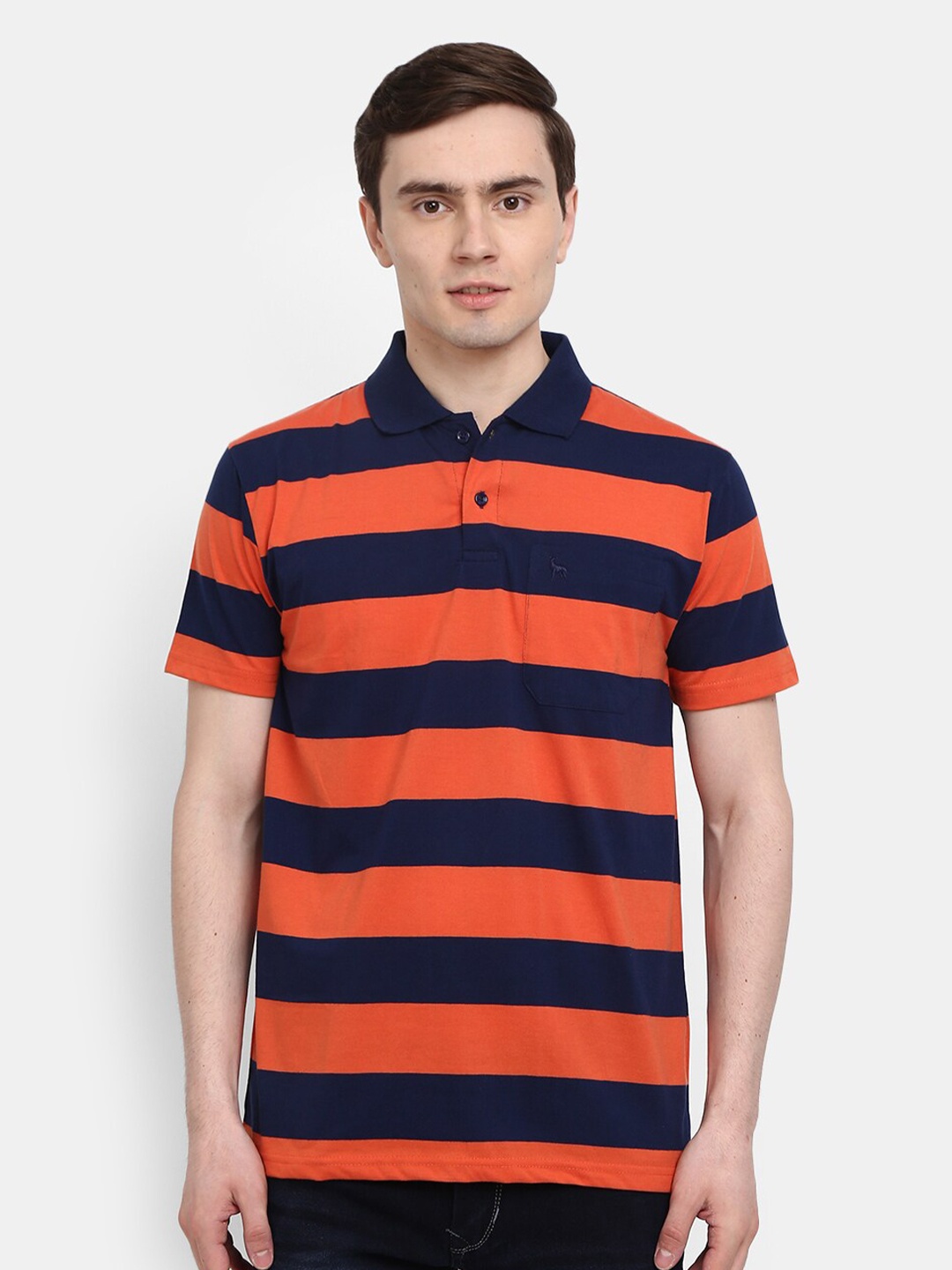

V-Mart Men Orange & Navy Blue Striped Polo Collar T-shirt