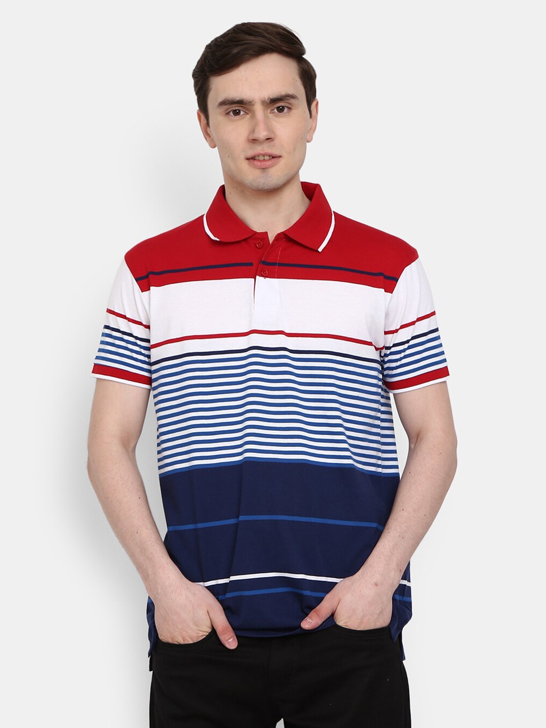 

V-Mart Men Blue Striped Polo Collar T-shirt
