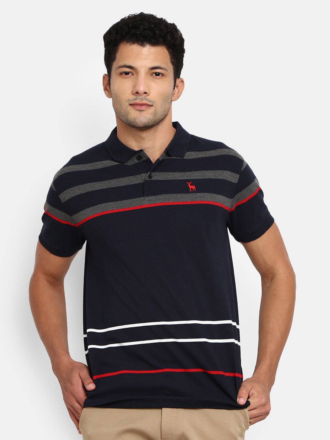 

V-Mart Men Navy Blue Striped Polo Collar T-shirt