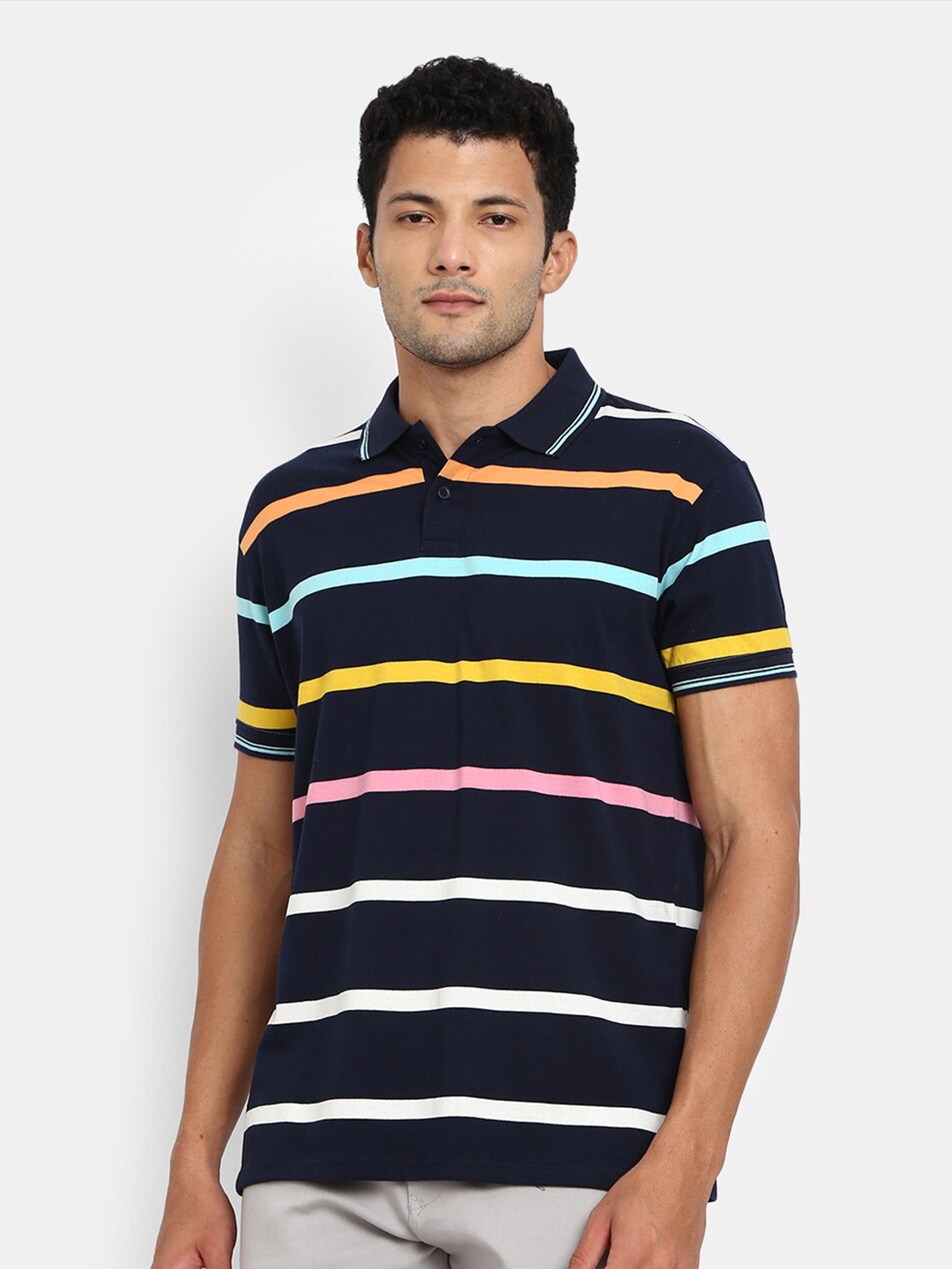 

V-Mart Men Navy Blue & White Striped Polo Collar T-shirt
