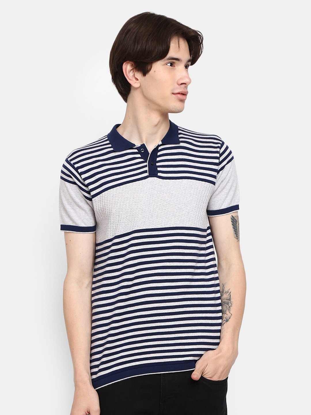 

V-Mart Men Blue Striped Polo Collar Slim Fit T-shirt