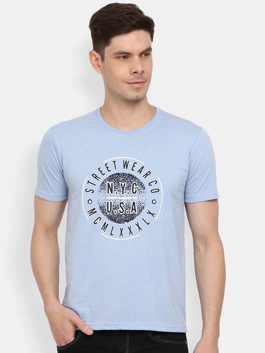 

V-Mart Men Blue Typography Printed Slim Fit Cotton T-shirt