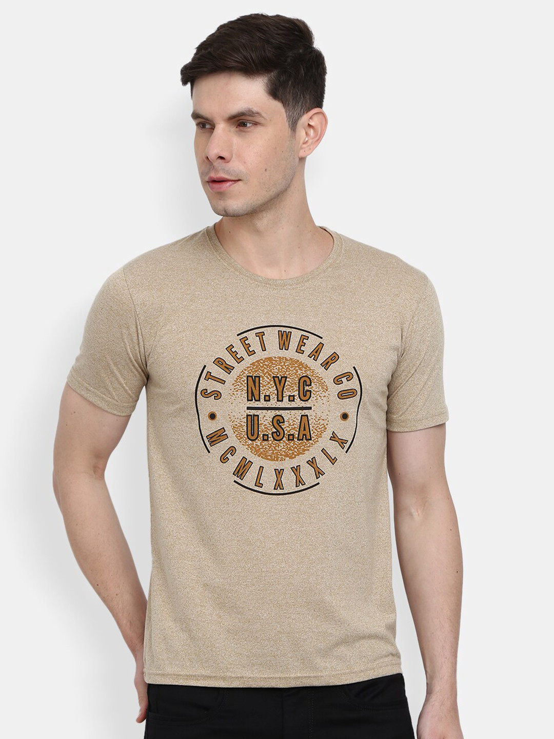 

V-Mart Men Beige Typography Printed Cotton Single Jersey Round Neck Slim Fit T-shirt