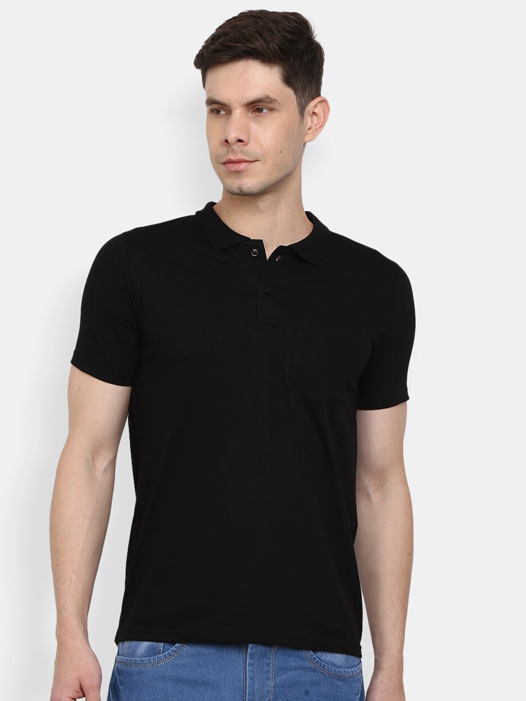 

V-Mart Men Black Solid Cotton Polo Collar Slim Fit T-shirt