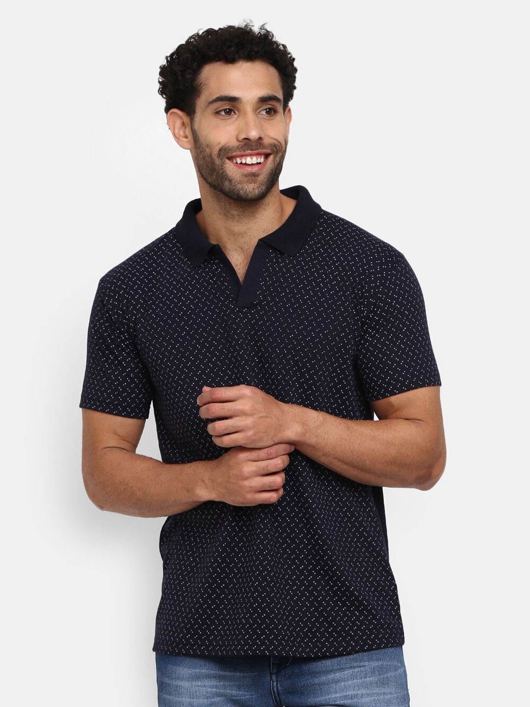 

V-Mart Men Navy Blue Printed Polo Collar Slim Fit T-shirt