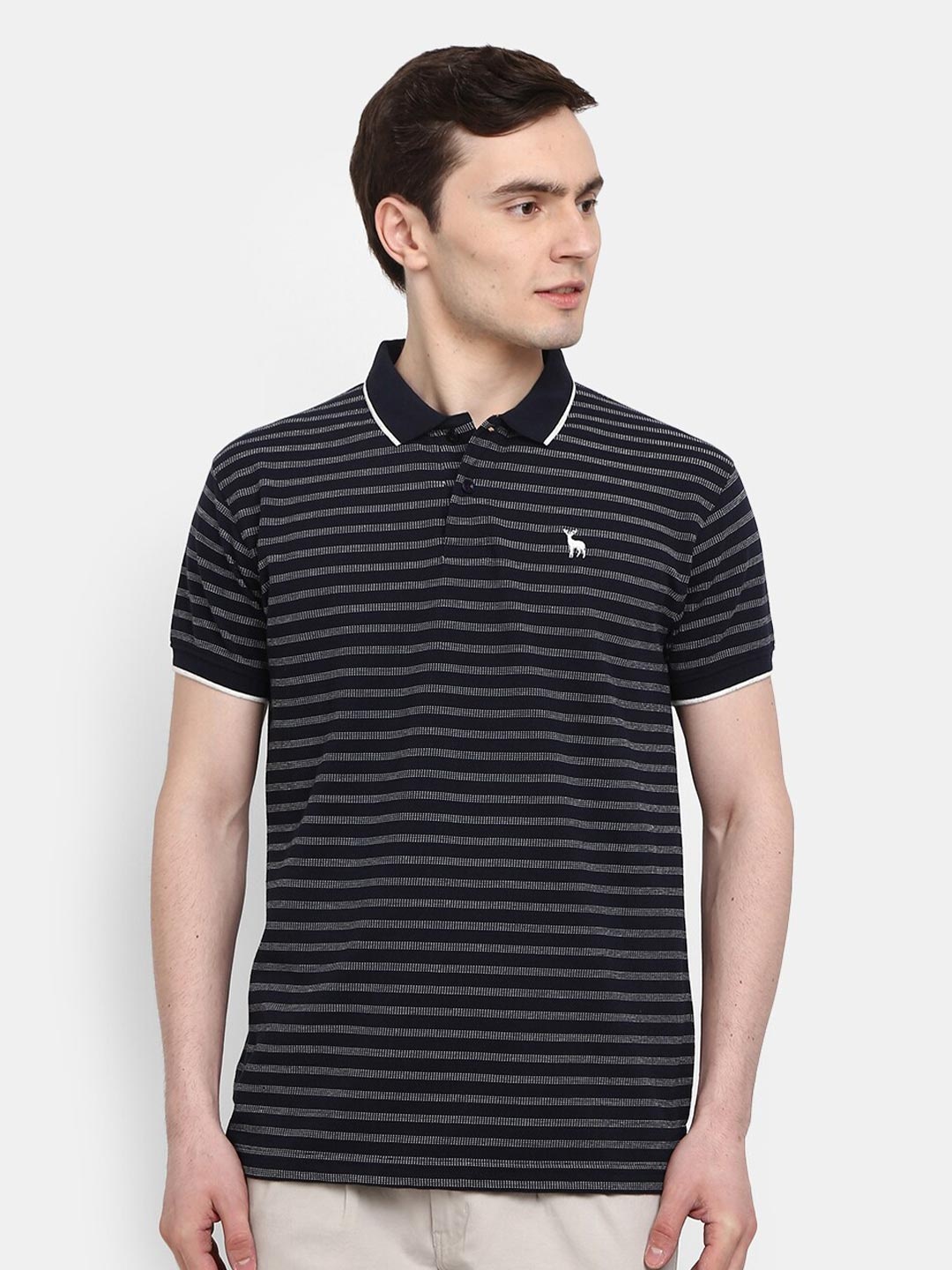 

V-Mart Men Navy Blue Striped Polo Collar T-shirt