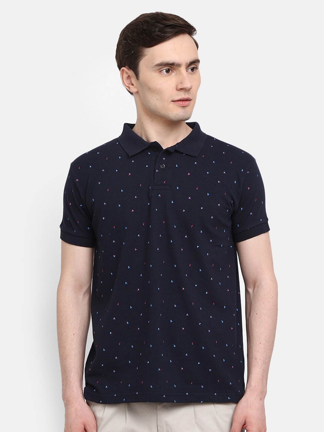 

V-Mart Men Navy Blue Printed Polo Collar Slim Fit T-shirt