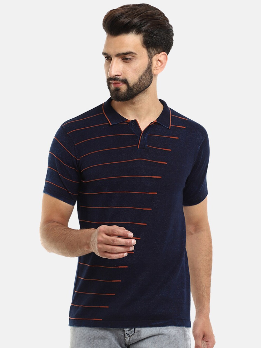 

V-Mart Men Blue Striped Polo Collar Slim Fit T-shirt