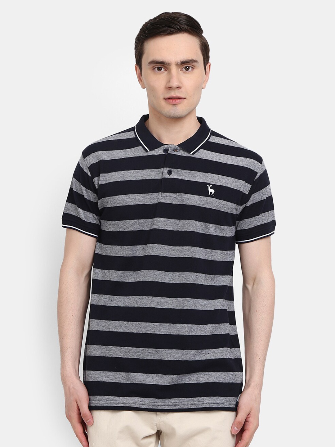 

V-Mart Men Navy Blue Striped Polo Collar T-shirt