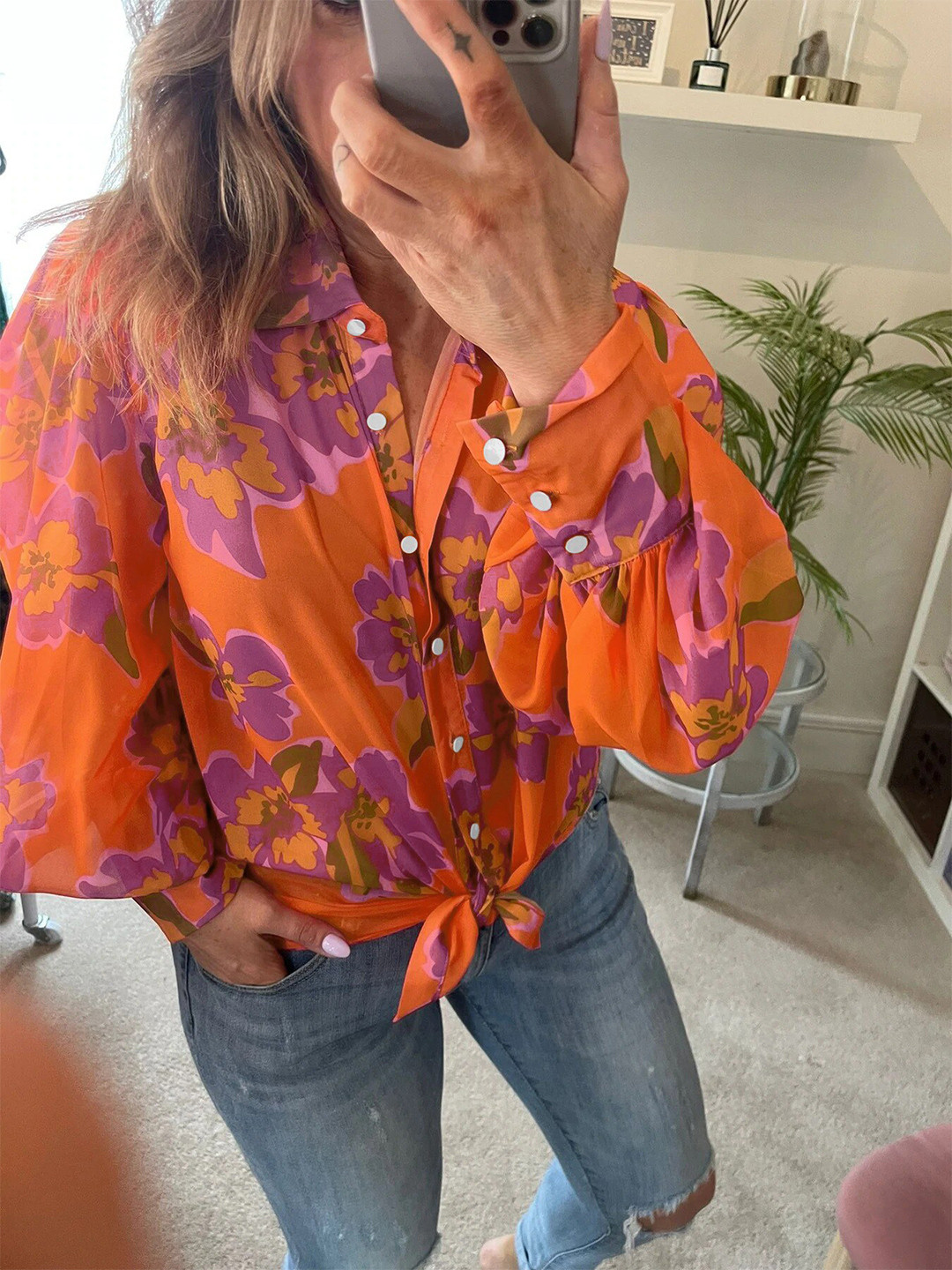 

BoStreet Orange Print Shirt Style Top