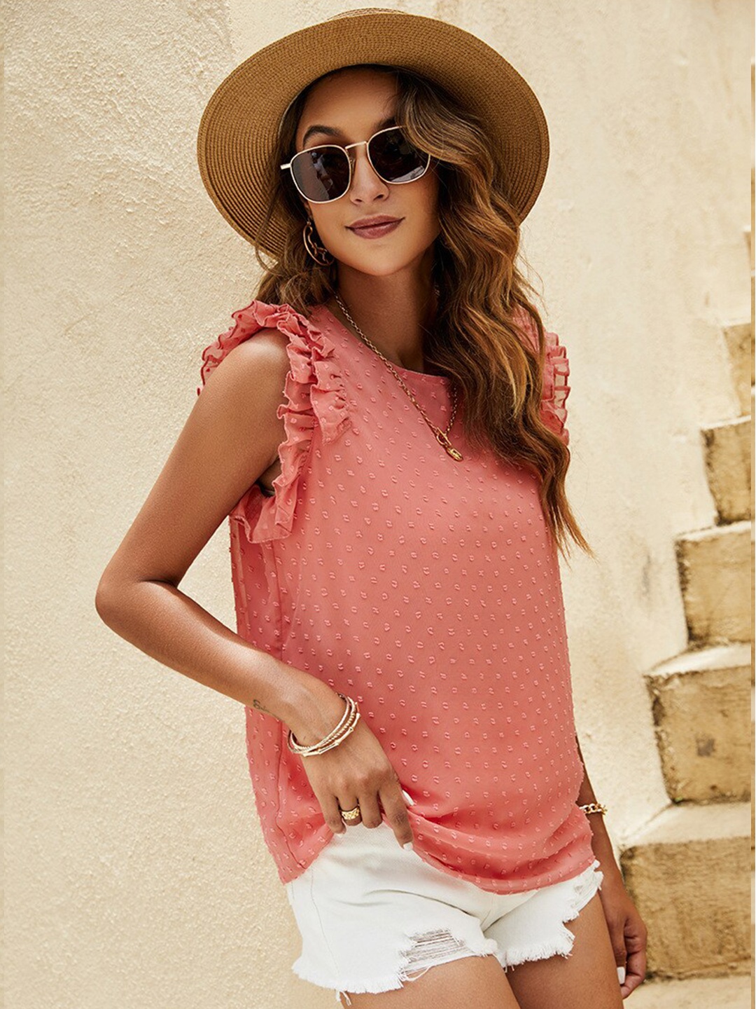 

BoStreet Pink Embellished Print Ruffles Top