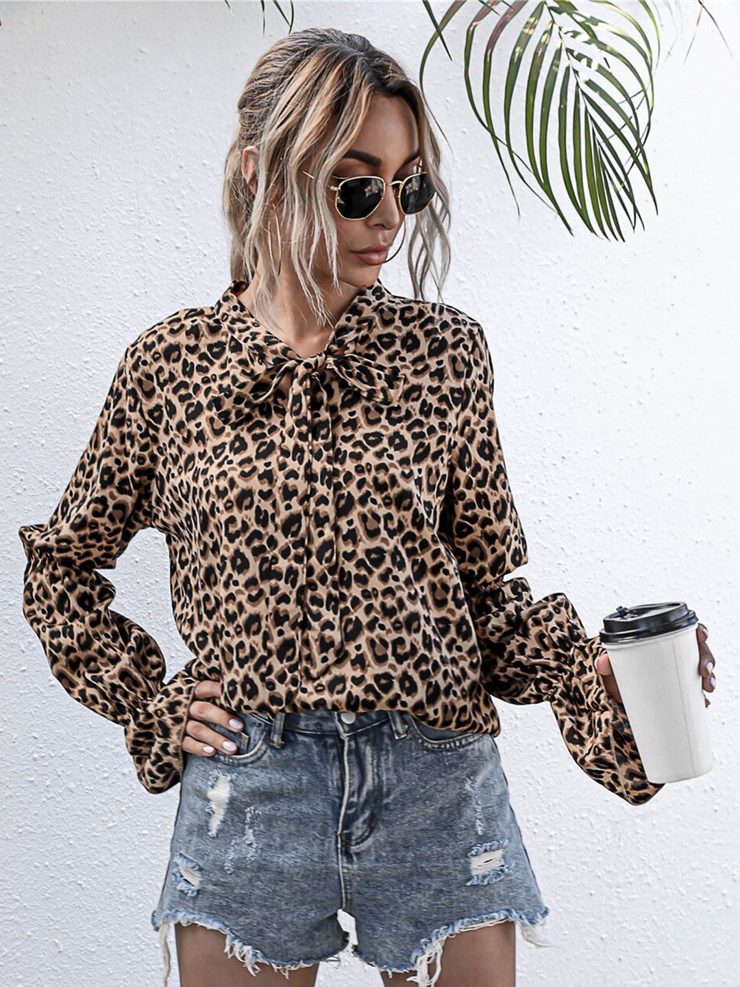 

BoStreet Beige Animal Print Tie-Up Neck A-Line Tunic Tops