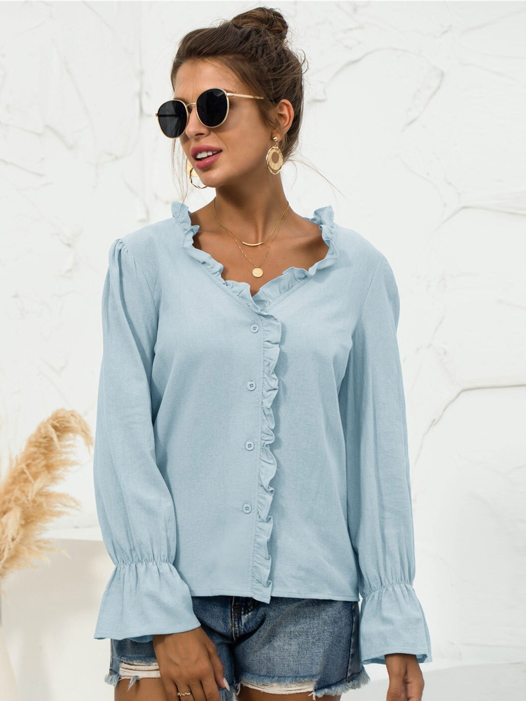 

BoStreet Blue V-Neck Ruffles Shirt Style Top
