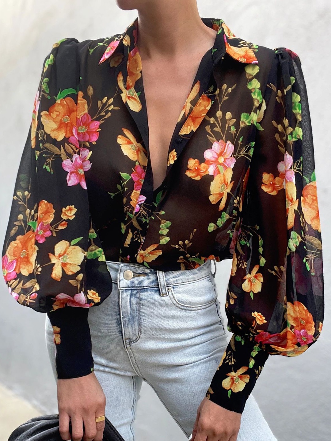 

BoStreet Black & Yellow Floral Print Bishop Sleeves Shirt Style Top