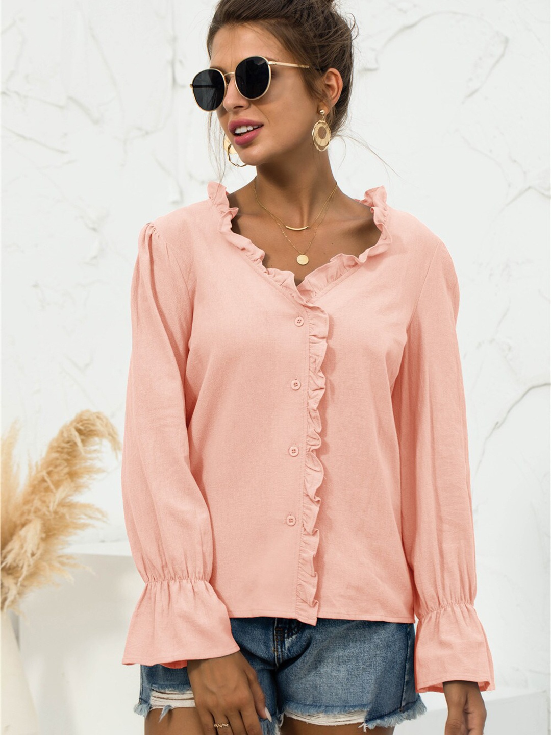 

BoStreet Pink V Collar Solid Shirt Style Top