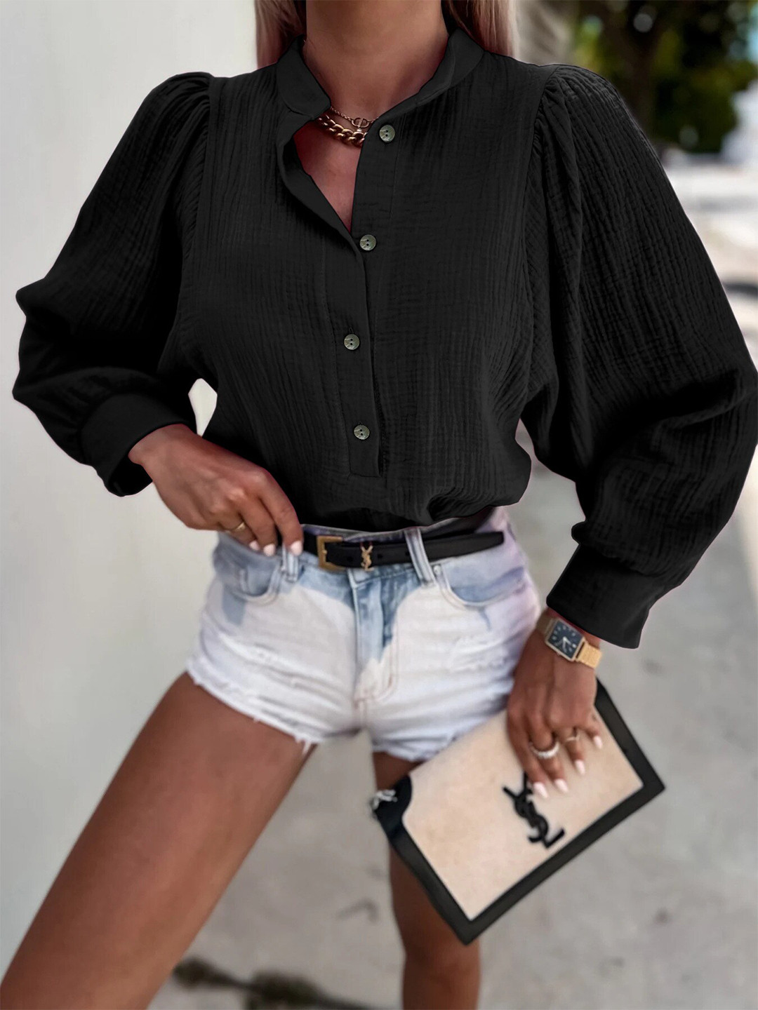 

StyleCast Grey Print Mandarin Collar Top