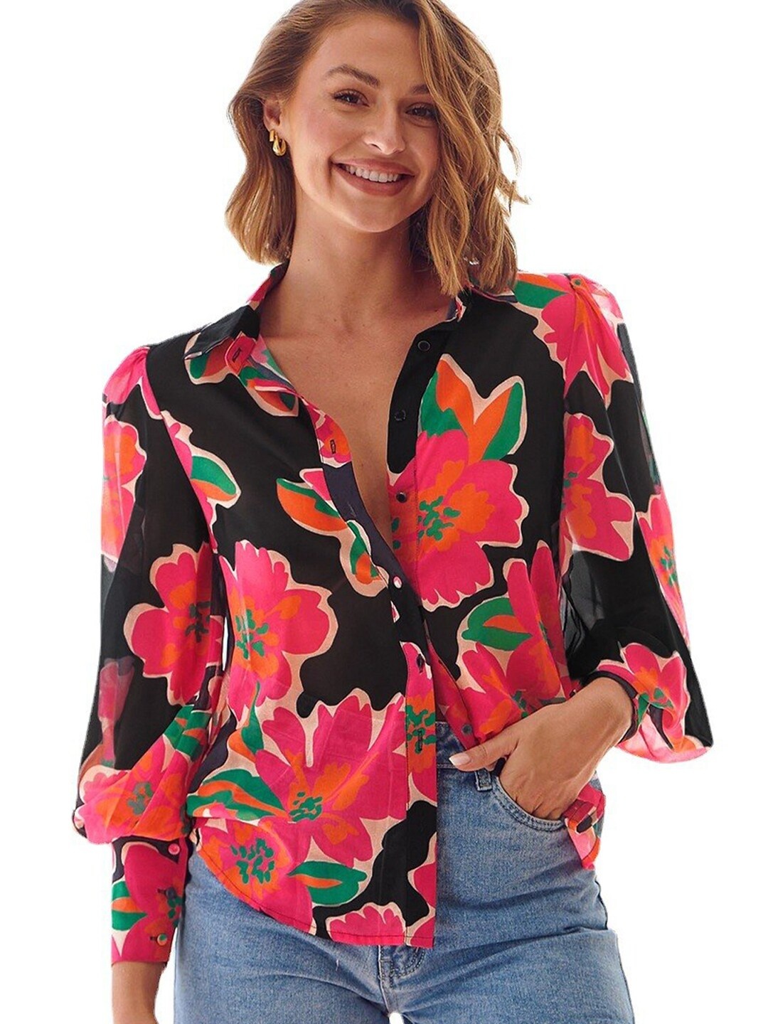 

BoStreet Women Black & Pink Floral Print Top