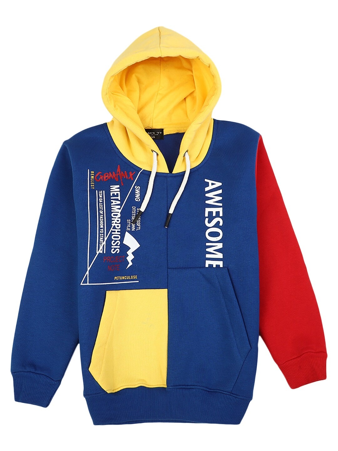 

V-Mart Boys Blue & Yellow Typography Hooded T-shirt