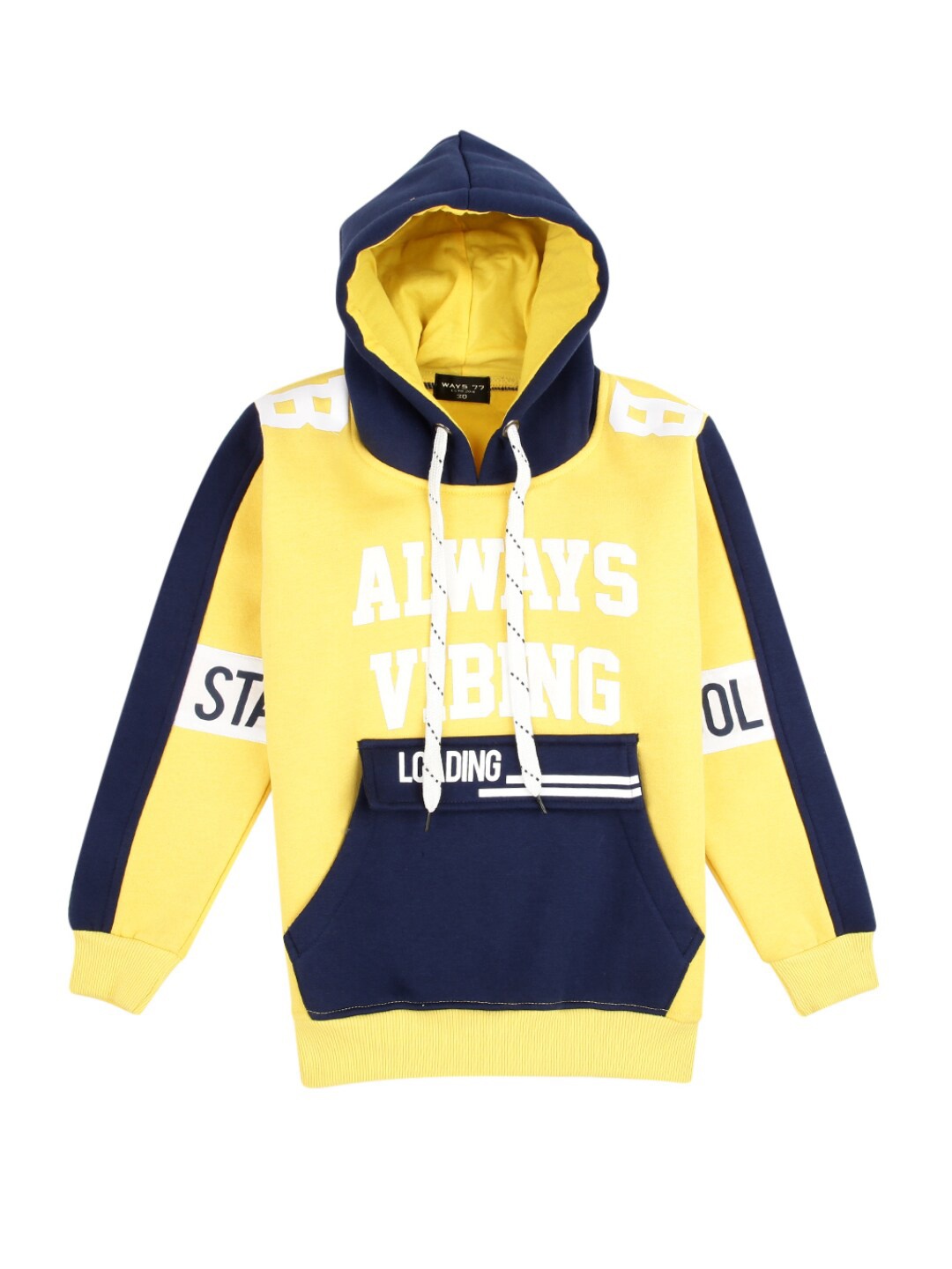 

V-Mart Boys Yellow & Navy Blue Printed Cotton Fleece Hooded T-shirt