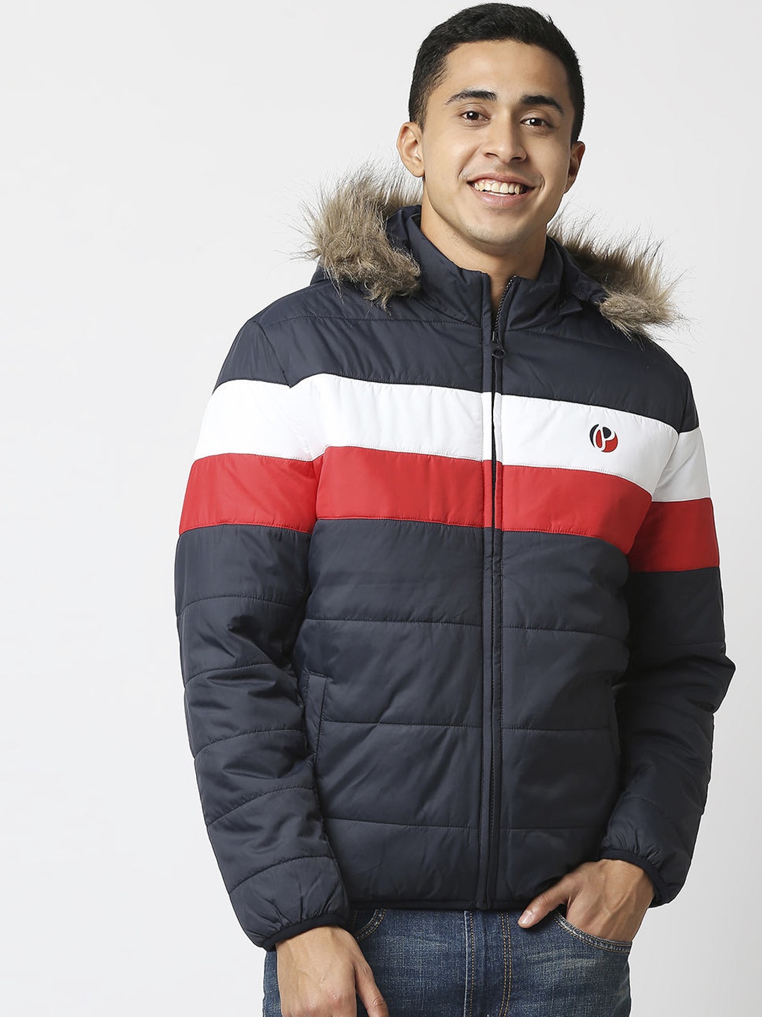 

Pepe Jeans Men Navy Blue Red Colourblocked Puffer Jacket