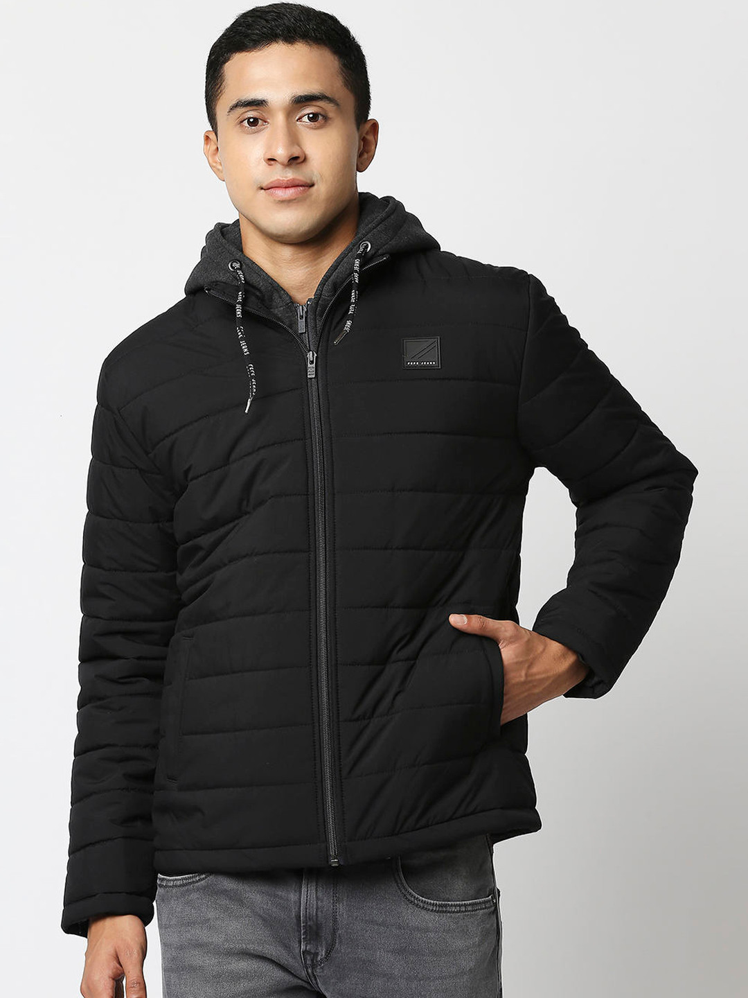 

Pepe Jeans Men Black Hooded Padded Jacket