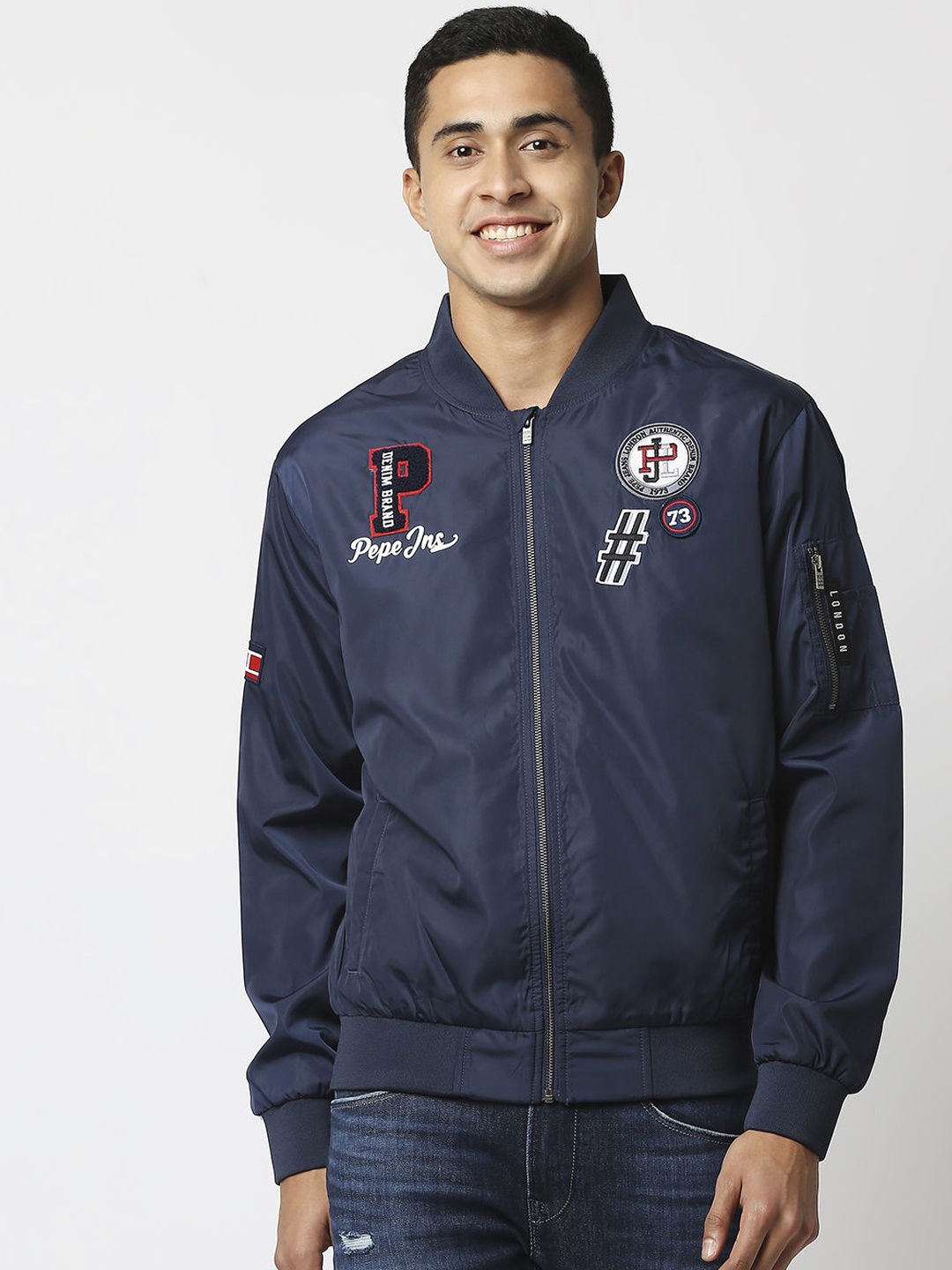 

Pepe Jeans Men Navy Blue Bomber with Patchwork Jacket