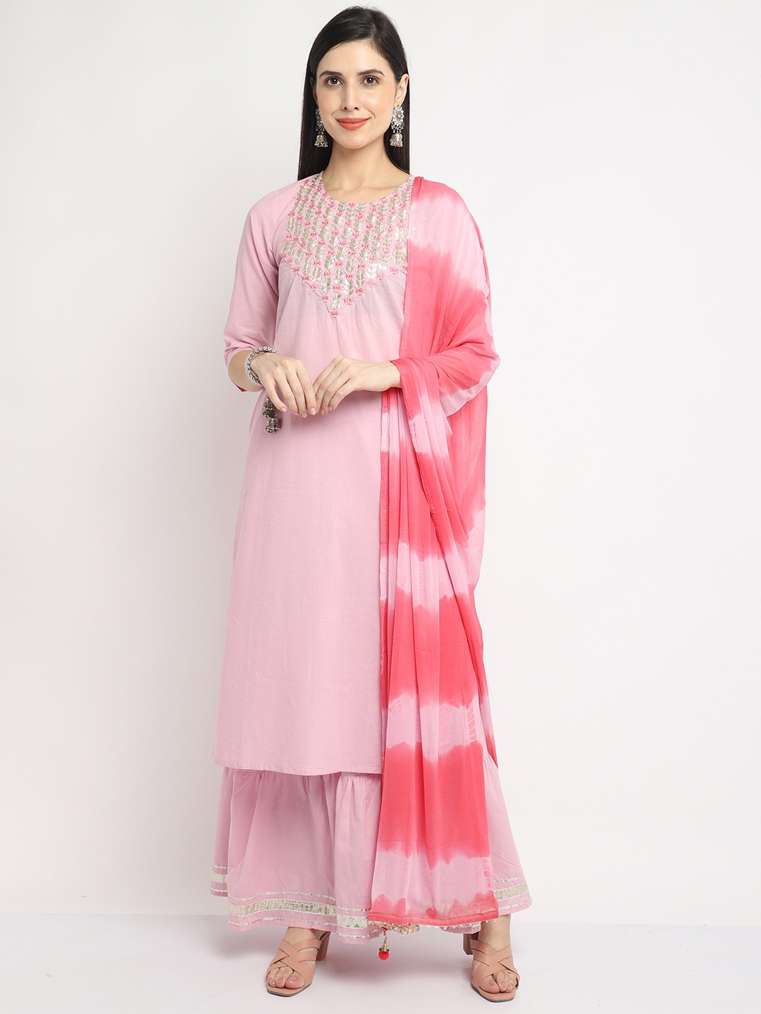 

Rajnandini Women Pink Pure Cotton Embroidered Kurta with Sharara & Dupatta