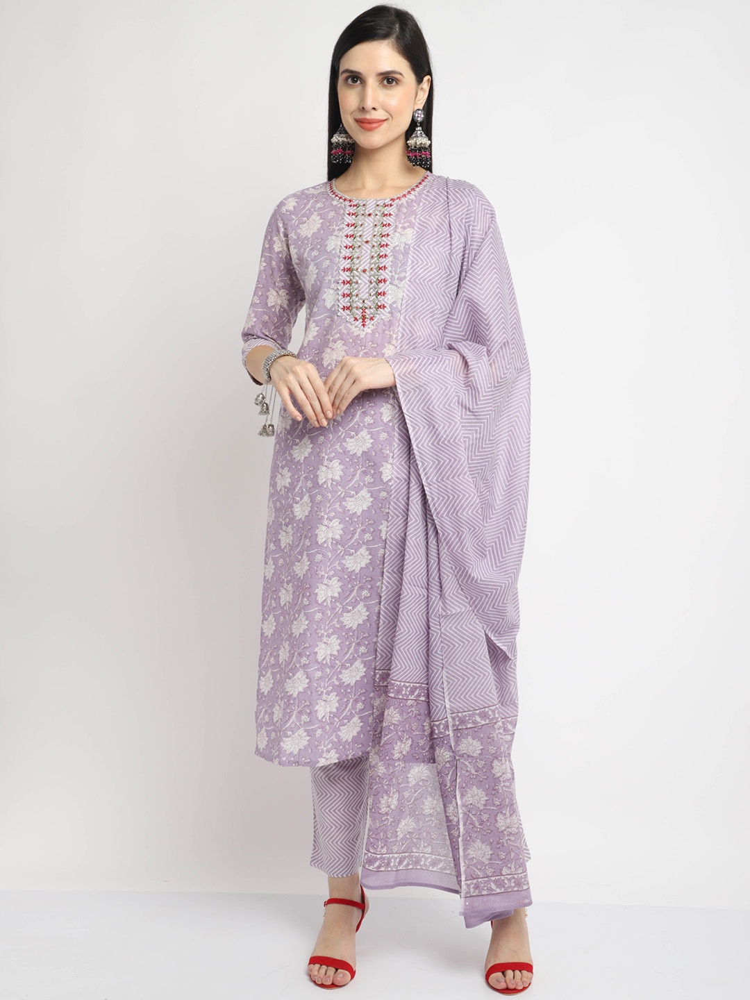 

Rajnandini Women Purple Floral Printed Thread Work Pure Cotton Kurta with Trousers & With Dupatta