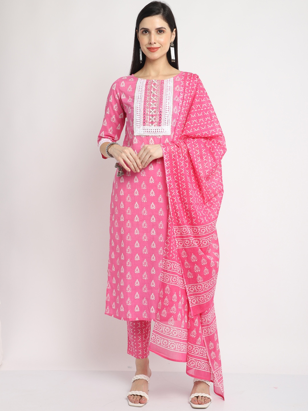 

Rajnandini Women Pink Ethnic Motifs Printed Panelled Pure Cotton Kurta with Trousers & With Dupatta