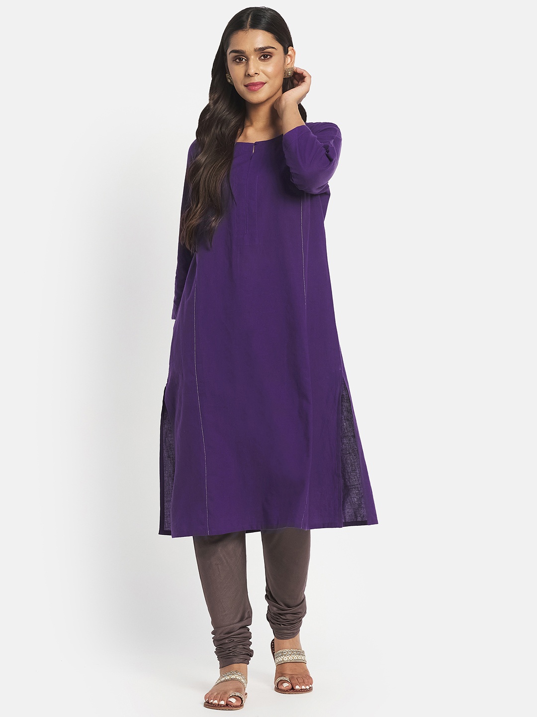 

Fabindia Women Purple Pure Cotton Solid Keyhole Neck Kurta